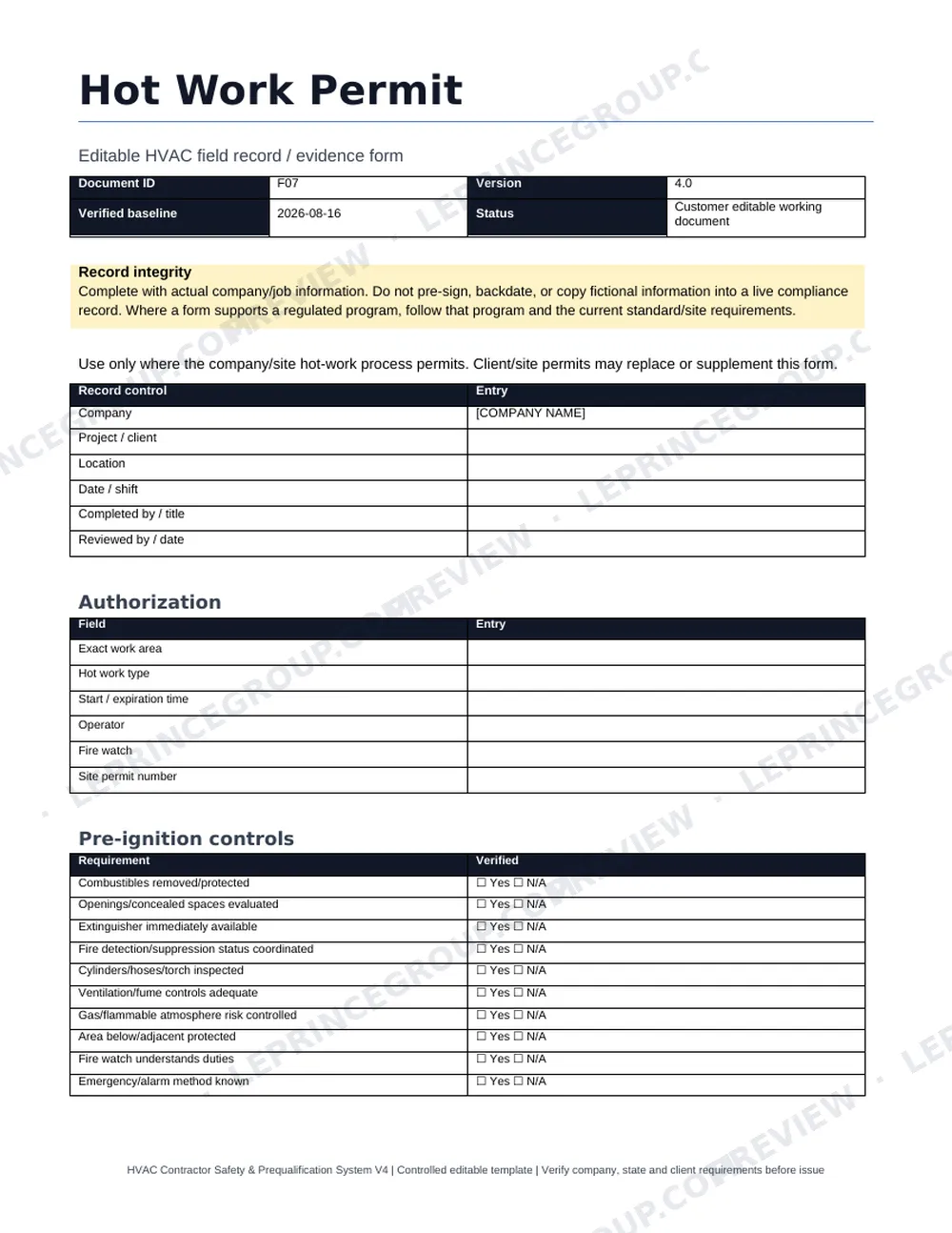 First page of the F07 Hot Work Permit: record integrity note, authorization fields and pre-ignition controls checklist