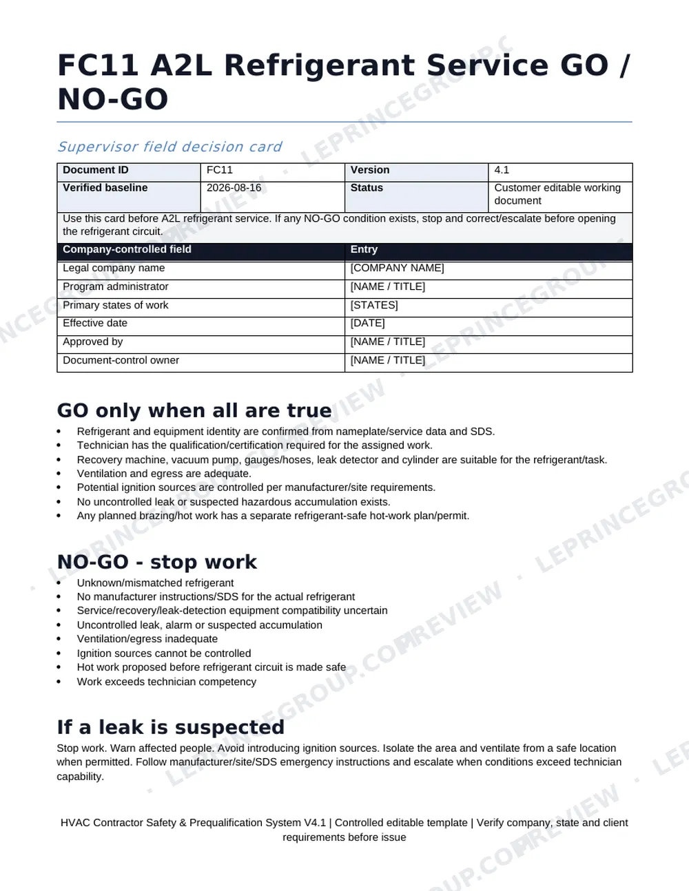 The FC11 A2L Refrigerant Service GO/NO-GO supervisor card: GO conditions, NO-GO stop-work list and leak procedure