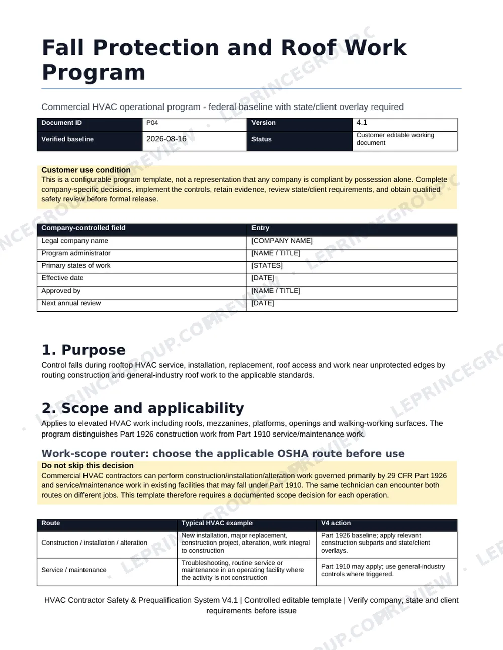 First page of the P04 Fall Protection and Roof Work Program: purpose, scope and the construction vs service work-scope router