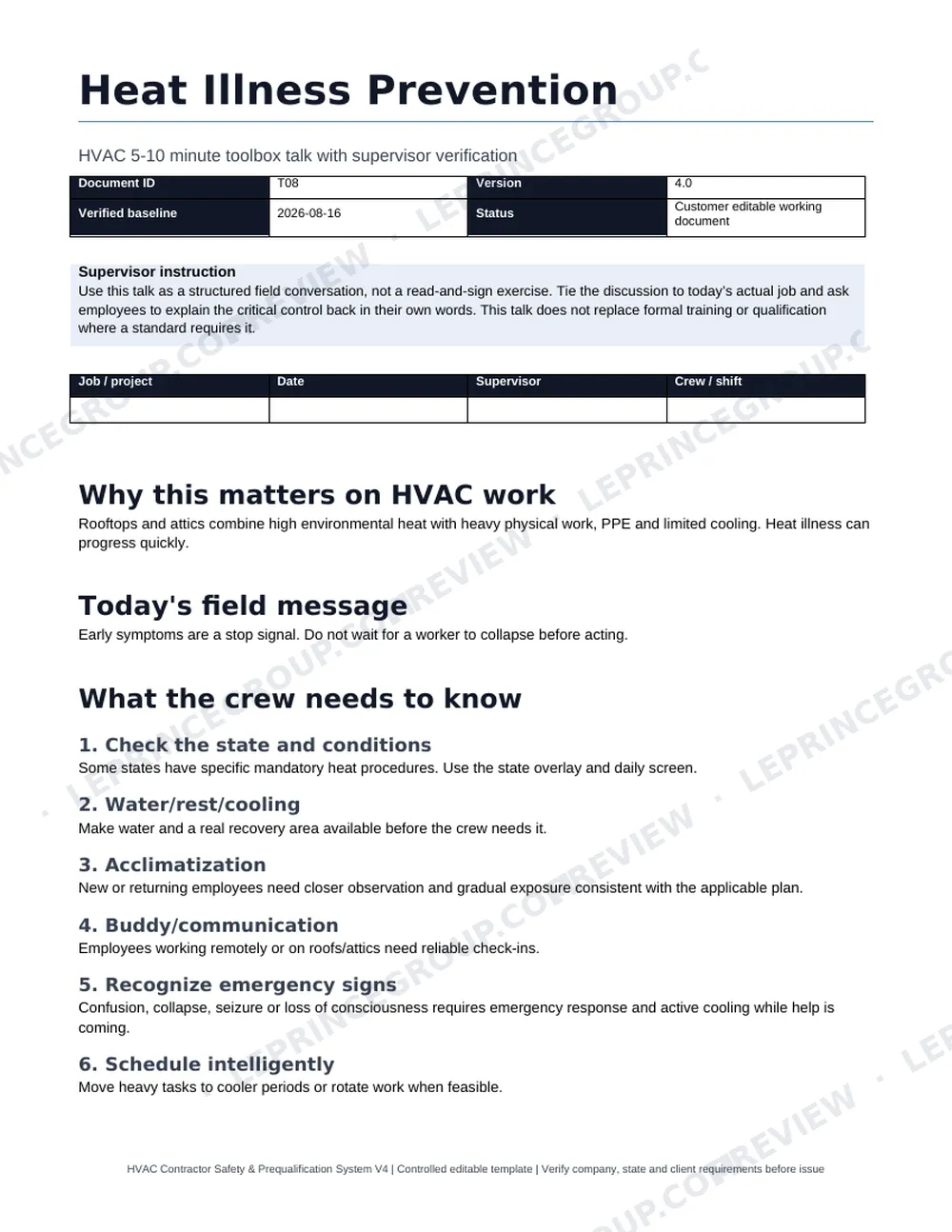 First page of the T08 Heat Illness Prevention toolbox talk: supervisor instruction, field message and crew points
